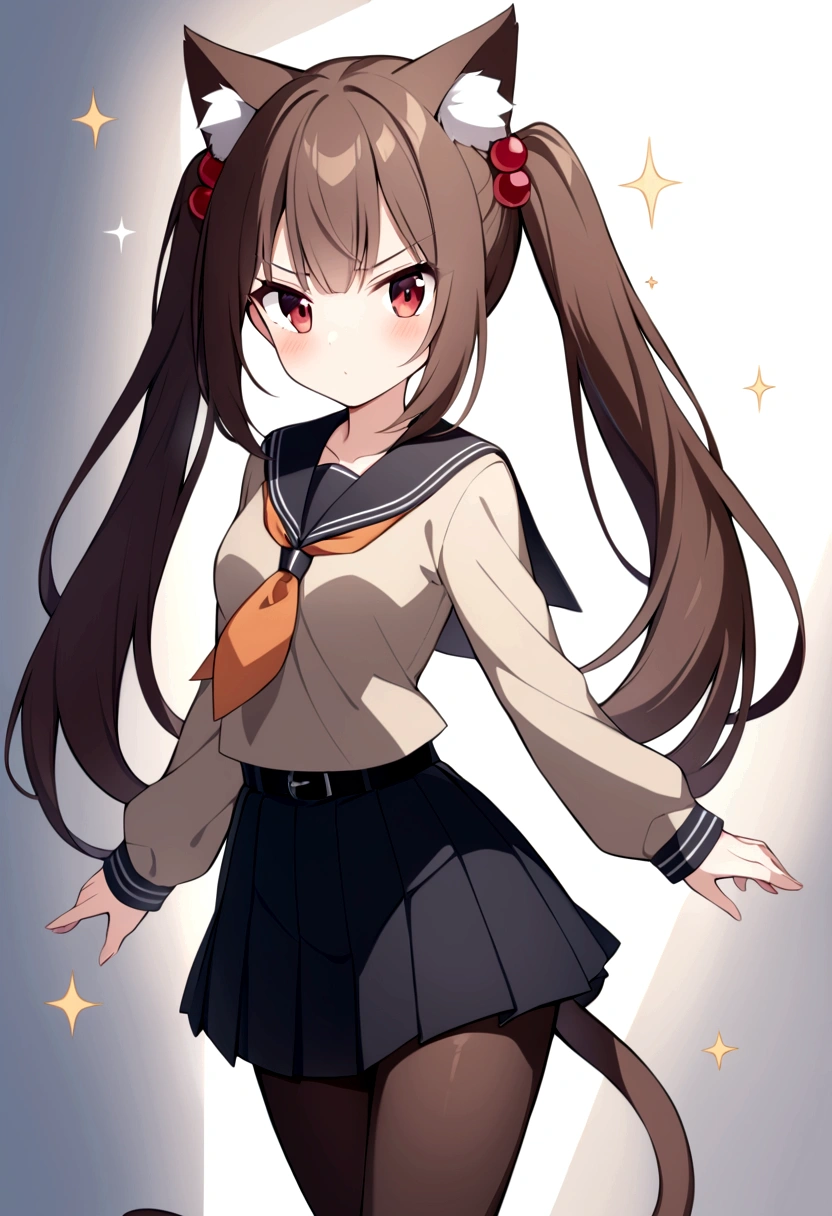 slender, mature female, rating:safe, 1girl, sparkle, animal_ears, twintails, solo, pantyhose, long_hair, skirt, very_long_hair, red_eyes, pleated_skirt, long_sleeves, bangs, hair_between_eyes, shirt, sailor_collar, hair_ornament, closed_mouth, eyebrows_visible_through_hair, belt, cat_ears, blush, belt_buckle, sidelocks, looking_at_viewer, black_legwear, animal_ear_fluff, v-shaped_eyebrows, buckle, brown_legwear, school_uniform, glint, sparkle_background, black_sailor_collar, sleeves_past_wrists, small_breasts, serafuku, brown_shirt, black_belt, orange_neckwear, standing, hair_bobbles, tail, bow, black_shirt, breasts, brown_hair, black_neckwear, cowboy_shot