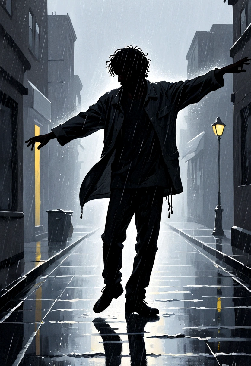 Soul Dancer Mark,Homeless man dancing in the rain，Silhouette，Particle oil painting，Real light，The third rule of composition，Clear outline，Structured，Minimalism，artistic conception，Leave blank for rain，