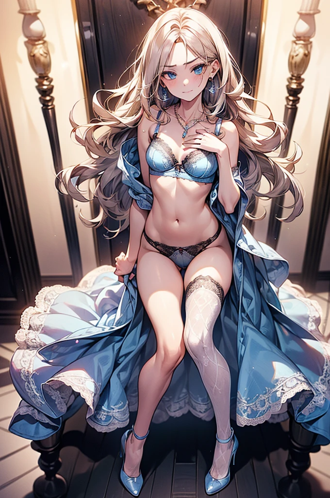 ((Biologically correct limb count)),((Natural finger shape)),((Full Body Shot,Including face)),Standing position,4K,masterpiece,((Focus on the face)),((Symmetrical facial features)),Eye for detailed depiction,Beautiful woman,Excellent style,Beautiful feet,(Small Ass,Thin thighs),(Patterned black stockings,High heels),Facial detailing,Small earrings,necklace,Low angle photo,((Light blue lace bra and lace panties)),Lying in bed,(((A facial expression of pleasure))),((Hands lifting from under your chest)),(Face the camera),Photograph the side of the body,Long Hair