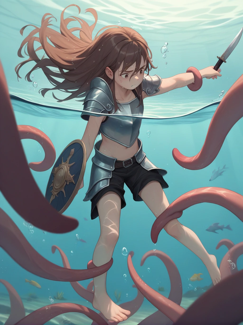 partially underwater,最high quality,high quality, four years old, , Long Hair, Brown Hair, Wet Hair, Flat Chest,leather armor, Equipped with a dagger and a shield,Face above water,Corpses in the water, Underwater Photography,The lobe rolls up due to buoyancy.,Painful face、My feet are being pulled by tentacles、Being dragged into the water、Go Wild