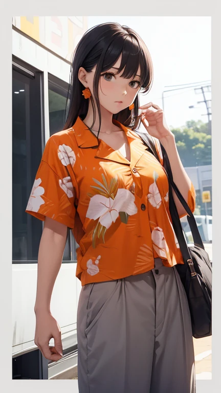 She has an orange body、He is wearing a Hawaiian shirt and grey pants.. There's a coconut tree above her head、Surrounded by two seagulls. Shine; Sparkling、smile、pretty girl、Ocean、