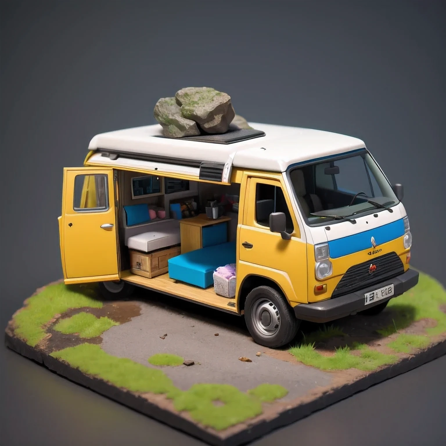 there is a small model of a camper van in a cave, stylized 3d render, 3d illustration, 3 d illustration, highly detailed diorama, 3 d low poly render, 3d low poly render, low poly 3 d, highly detailed sculpey diorama, lowpoly, low poly render, diorama model, low poly 3 d render, diorama