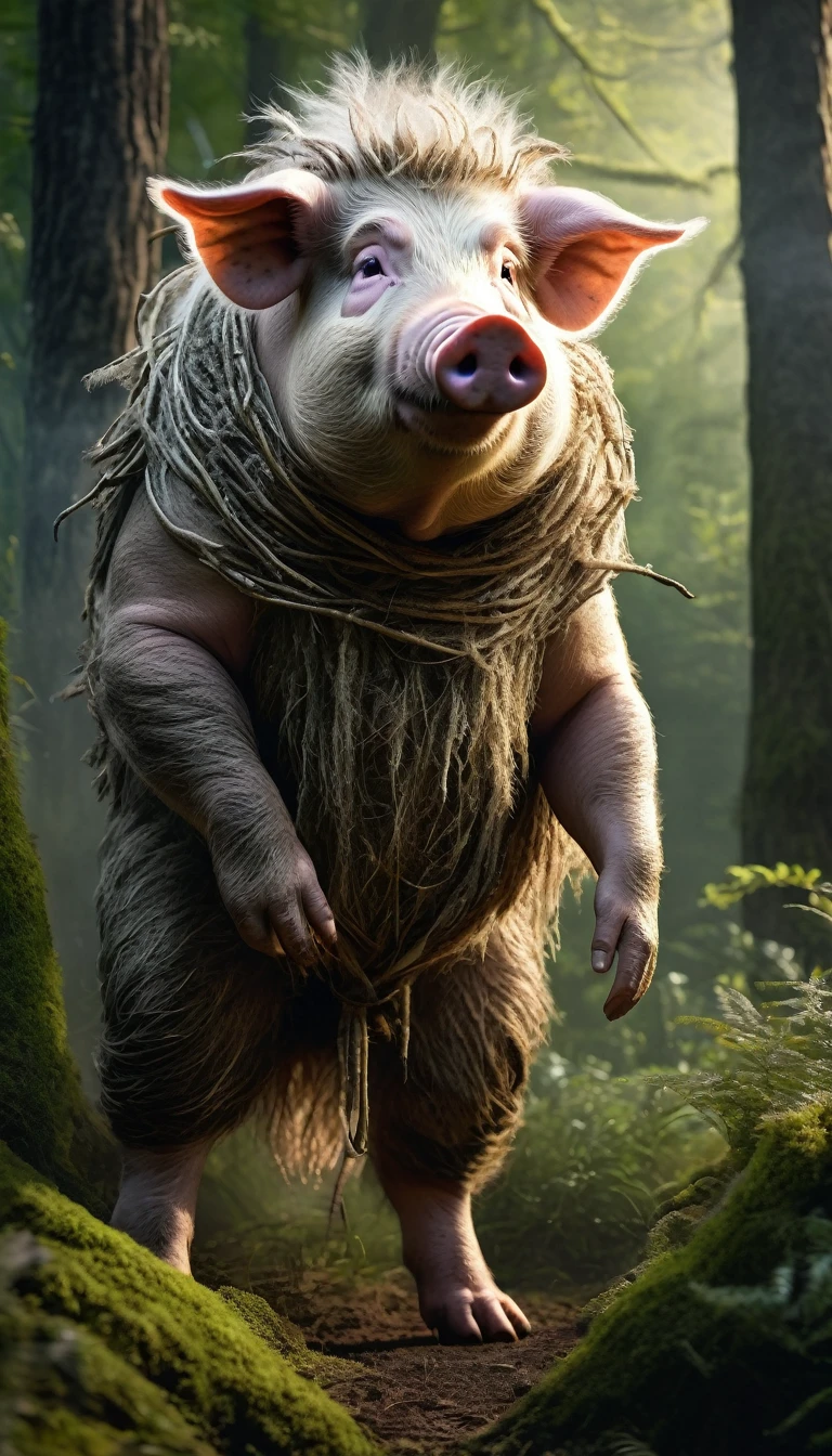 There is a wild man in the forest，The whole body is covered with pig hair（best quality，4K，8K，High level，masterpiece：1.2），Ultra Detailed，（lifelike，Photo real，Photo real：1.37），highly detailed creature，Complex patterns，Realistic lighting，Fantasy Creatures