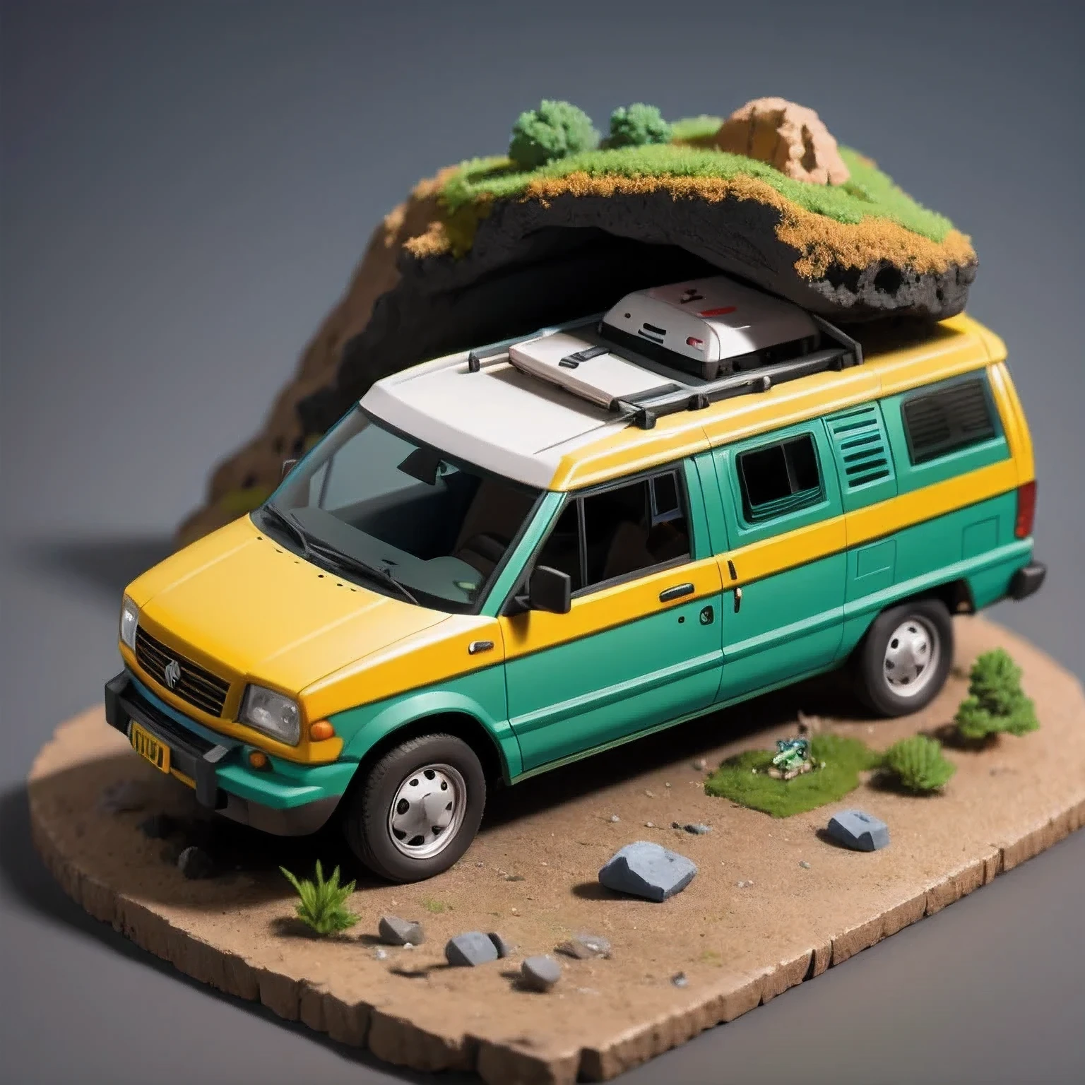 there is a small model of a camper van in a cave, stylized 3d render, 3d illustration, 3 d illustration, highly detailed diorama, 3 d low poly render, 3d low poly render, low poly 3 d, highly detailed sculpey diorama, lowpoly, low poly render, diorama model, low poly 3 d render, diorama