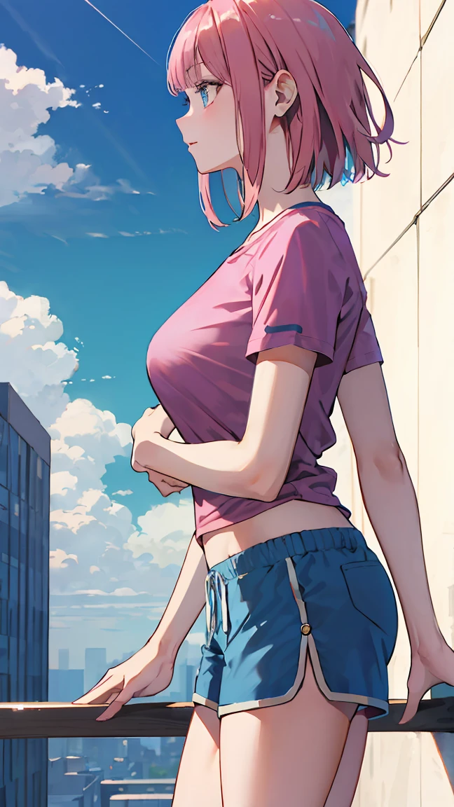 Nino Nakano, pink hair,
BREAK ((pink tshirt), (blue shorts):1.2),
BREAK from side, looking up, sky, clouds, profile,
BREAK ((top quality, 8k, masterpiece: 1.3, ultra hd, high quality, best quality, high definition, realism)), sharp focus: 1.5, Beautiful woman with Slim body, (perfect hands, perfect ???????),