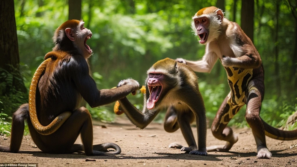 a fight between a monkey and a snake that was wrapped around it, the monkey opened its mouth to scream in anger at the atmosphere in the forest