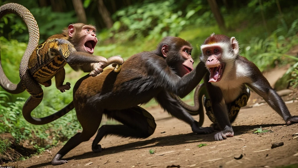 a fight between a monkey and a snake that was wrapped around it, the monkey opened its mouth to scream in anger at the atmosphere in the forest