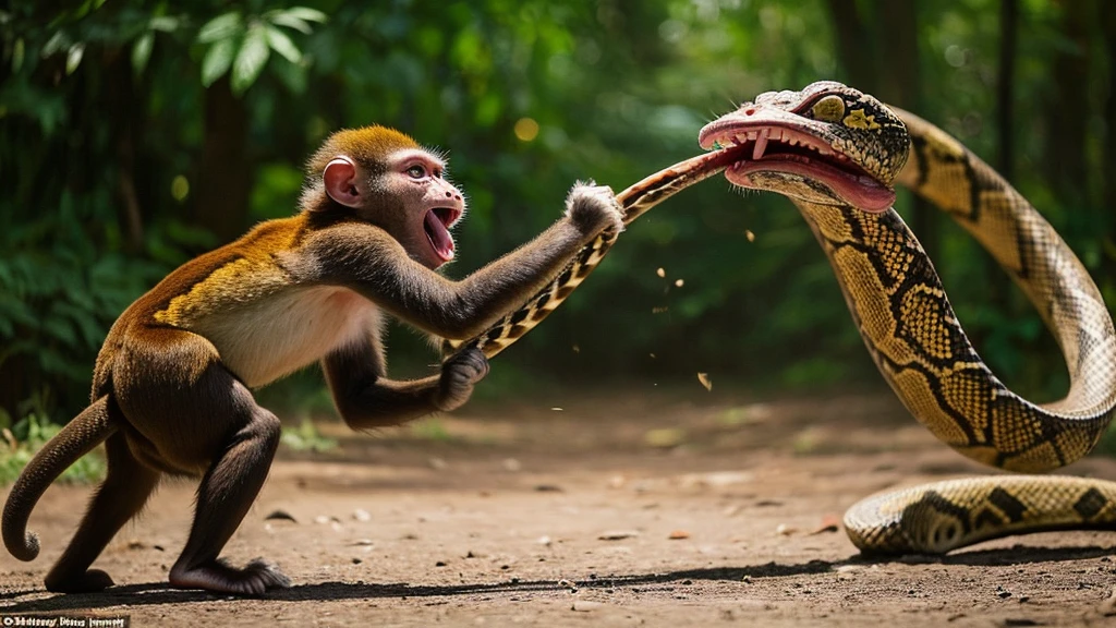 a fight between a monkey and a snake that was wrapped around it, the monkey opened its mouth to scream in anger at the atmosphere in the forest