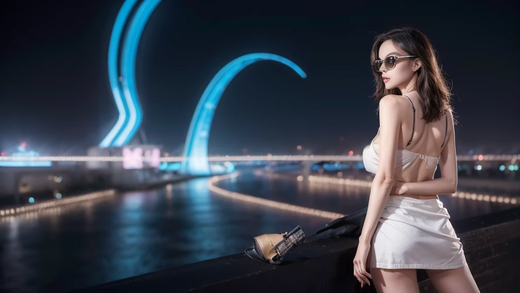 (((((1 slim western women, solo, large-breast:1.4 cleavage:1.3))))), AD2050 at night, (((wearing off neck tube top, miniskirt, black sunglasses, automatic rifle, standing and shooting pose))), (((((half-body (((thigh level))) medium:1.3 shot))))), innovative composition, revenge, aerial view of military base, blade runner worldview, large neon sign.