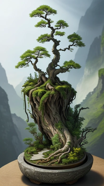 best quality, realistic, photorealistic, two bonsai with stems pointing sideways and downwards, green, yellow, "wrapped around white roots with lots of roots wrapped around" mountains "unique pots of tree trunks and reliefs and steep cliffs"
((Miniature landscape)),(Elf architecture in the film Lord of the Rings), Divine Tree,
very detailed carving "pot with root relief",
Ultra wide angle, Accent Lighting, Volumetric Lighting, backlight, (detailed light),((very subtle and beautiful)),dramatic_shadow,ray_tracing,hdr