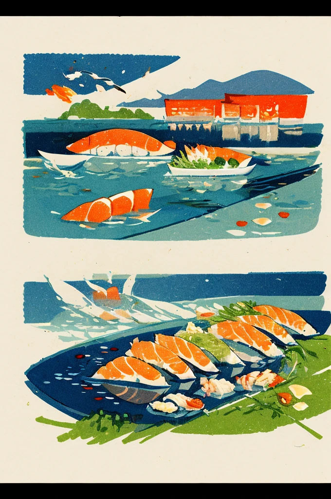 Illustration: simple woodblock printing style Nikiri Sushi Sushi rice that is molded into small cubes and then a piece of raw fish or other seafood is placed on top of the rice. Wasabi is often used between rice and fish fillets. Sometimes a string of tied seaweed may be used