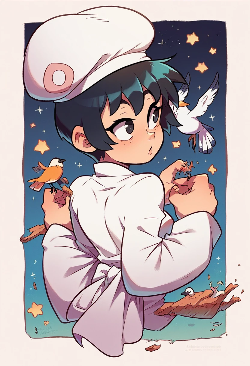 NSFW,(Highest quality:1.3), (Top performance:1.2), (Best illustrations:1.2),whole body,Full Art,Bird,One Girl,Seagull Girl,Black Hair,Short Bob Hair,Round and curvy hairstyle,Dark Eyes,Stars in the eyes,white hunting hat,Chef's uniform,mini skirt,Black knee socks,White sneakers,A big smile,Have a notepad and pen,Inside a flying airship,People around