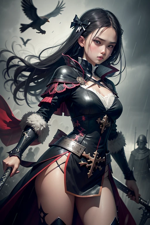 Girl, princess, bows to the cross, many crosses, crows circling, rain, fragments of weapons, swords, haze, photoshop image, WLOP style, Wang Lin style, cold tonality of the image, high detail, complex angle, dark background
