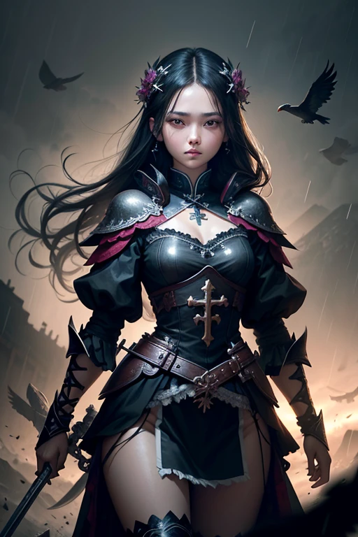 Girl, princess, bows to the cross, many crosses, crows circling, rain, fragments of weapons, swords, haze, photoshop image, WLOP style, Wang Lin style, cold tonality of the image, high detail, complex angle, dark background
