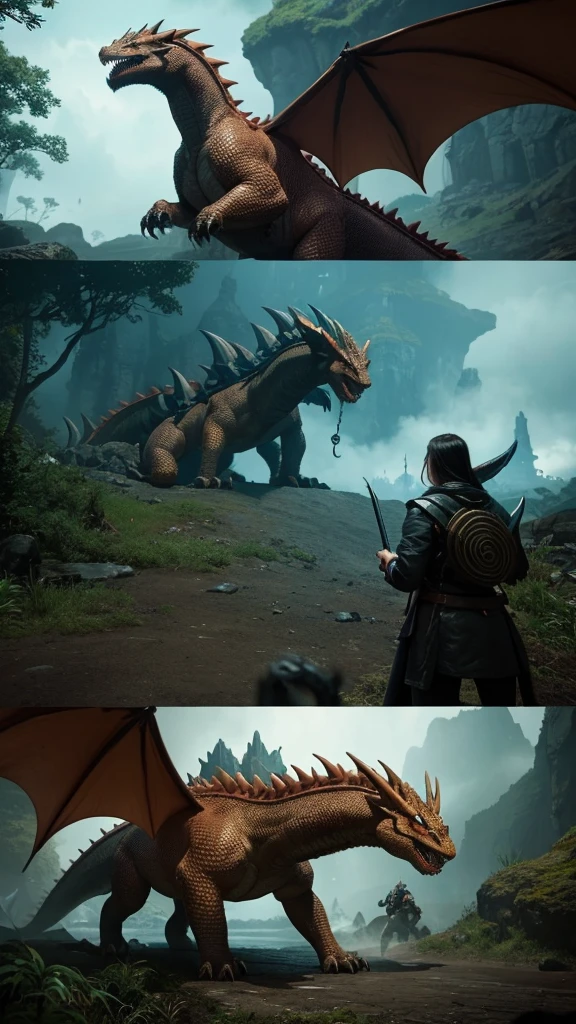 realistic, The image is a screenshot of a video game set in the fantastical world of Cirhain, showcasing a fierce dragon face and its formidable trainer. The scene is rich with mythical creatures, including majestic animals, powerful mammals, and the imposing presence of a crocodilian reptile. The art style is expected to vividly portray the awe-inspiring dragon and other captivating characters within the game's