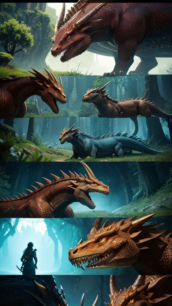 realistic, The image is a screenshot of a video game set in the fantastical world of Cirhain, showcasing a fierce dragon face and its formidable trainer. The scene is rich with mythical creatures, including majestic animals, powerful mammals, and the imposing presence of a crocodilian reptile. The art style is expected to vividly portray the awe-inspiring dragon and other captivating characters within the game's