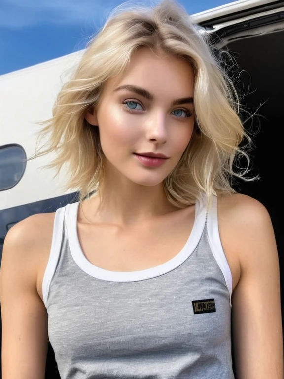 Une superbe jeune beauté allemande, aux yeux bleus perçants, petits seins et longs cheveux blonds flottants, un pantalon noir de sport et un t-shirt blanc , on voit son corp entier jusqu'au pied et qui et avec sa valise pour l'avion, la lumière naturelle met en valeur les traits du visage, les ombres douces sur les contours du visage, le contraste vibrant entre les tons chair chauds et les teintes froides de l'arrière-plan, la composition ultra légère, le nombre d'or, L'éclairage dramatique