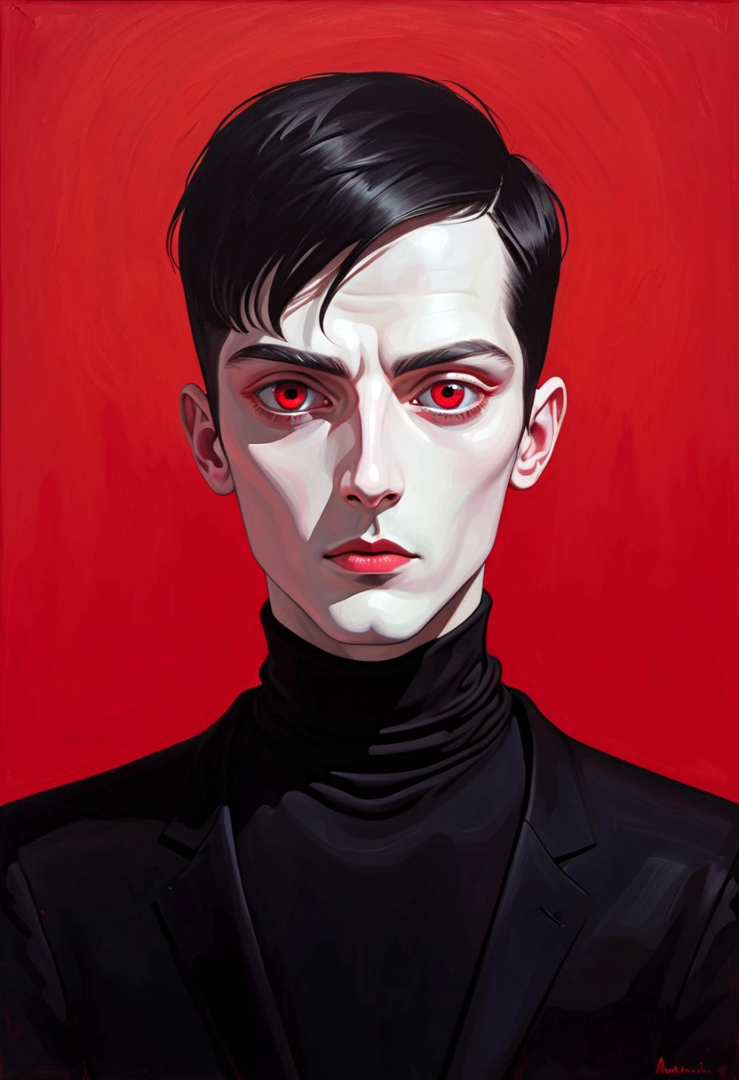 A surrealist portrait,Depicting a minimalist man,He has two eyes that shine white.,(((One-Eye:1.5))).And long eyelashes, Wearing a black turtleneck,Posing in front of a red background,