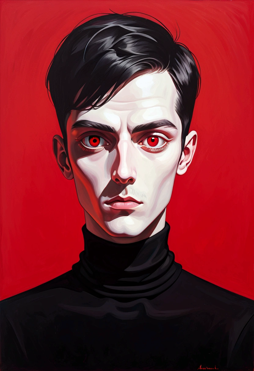 A surrealist portrait，Depicting a minimalist man，He has two eyes that shine white.，(((One-Eye：1.5))).And long eyelashes, Wearing a black turtleneck，Posing in front of a red background,