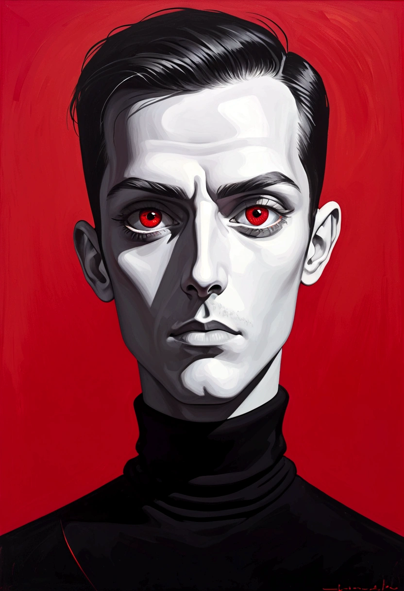 A surrealist portrait，Depicting a minimalist man，He has two eyes that shine white.，(((One-Eye：1.5))).And long eyelashes, Wearing a black turtleneck，Posing in front of a red background,