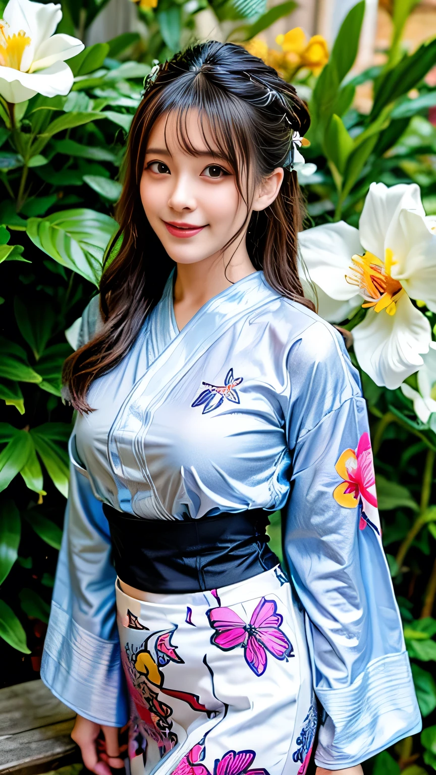 seed;88117315,((Full Body Angle))、Front hair:1.3))、((Highest quality, 8K, masterpiece: 1.3)), concentrated: 1.2, Cute girl 1,Nipples erect、 Perfect beauty: 1.4,Summer use 、((Flower and butterfly pattern short yukata mini skirt:1.2))、can: 1.2,Long sleeve、Randall Color、comics&Text Graphics、Black ruffle-trimmed drawstring zip blouse,1.1, Highly detailed face and skin textures, Fine grain, double eyelid, whitening skin, ,Highest quality,Ultra-high resolution,you,1 girl,alone,_Shiny_skin,Iris,necklace,((brown_length_Wavy_hair)),(lips)),eyelash,Front hairアップ、deal with,compensate,Shiny,pore,skin,Large Breasts、((smiling face))、living、Bun Head、Standing and walking