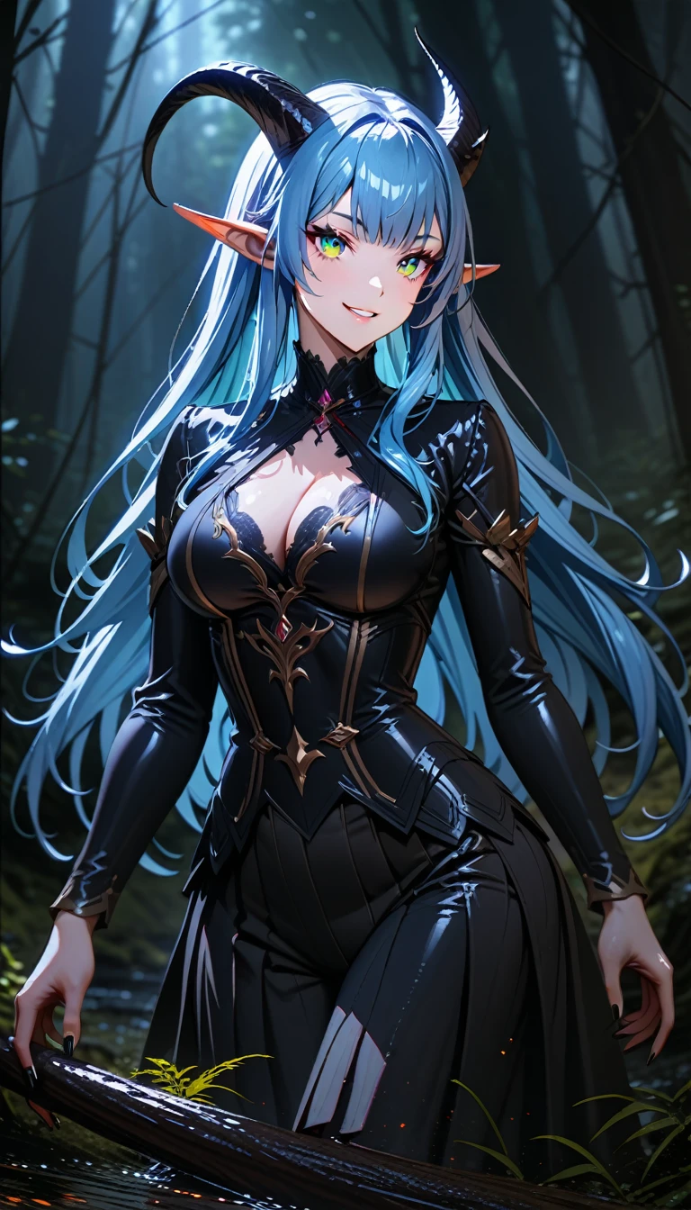 masterpiece, Highest quality, Very detailed, High resolution, An expensive solution, High resolution, masterpiece, depth, Fine texture, Super quality, Total concentration, (very pretty anime Elf Girl), (Beautiful Gothic Elf Woman, Young Elves, Elf Girl, pretty girl, Young girl),Horns on the head, Grin, smile, (A chic white top with beautiful details, ribbon, medium pleated skirt, Fluffy long sleeves, White Cape), Emerald Eyes, Long eyelashes, eyeliner, Huge thighs, Wide Hips, Tight waist, ( Light blue hair, (Light Hair, Long Hair), bangs, Gradient Hair), Shiny Hair,  Forest as a background, Fantasy art, 8k high quality detailed art, Realism meets colorful fantasy, Gothic art style, Fantasy art style, a beautiful fantasy Young Elves, CGI anime Fantasy artwork, Charm,  Seductive posture, Vibrant colors, 自信に満ちたsmile, gentle smile, Beautiful attention to detail, Beautiful lip detail, Very detailed目と顔, Long eyelashes, Vibrant colors, Professional, Super detailed, Intricate details, Volumetric lighting, Lens flare, particle,(White and platinum color scheme), mysterious, mysteriousな