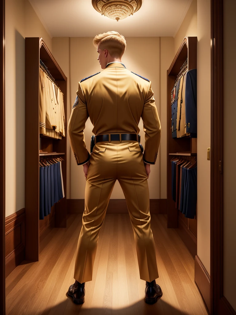 Leyendecker style illustration : A handsome blond guy, , looks at the ceremonial officer's uniform of a "Navy Seal" with awards, which hangs on a suit hanger standing on the floor, and engages in masturbation. Watching him from behind is a naked, blond, muscular Navy SEAL officer, 35 years old, handsome and arrogant. The officer has a big dick, an erection, and a boner.