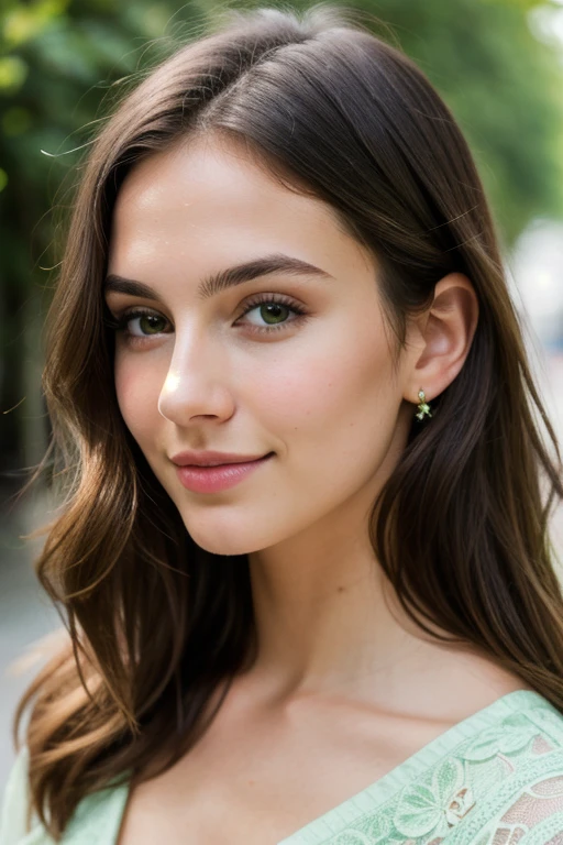 Cute beautiful sexy European light-green-eyed brunette, 22 years old, front face t, stream, , innocent face, face-length 1.3 times the face-width, almond-shaped eyes, squared face-shape, high cheekbones, naturally wavy hair, light-green eyes, high-res, masterpiece, best quality, intricate details, very detailed, sharp focus, detailed skin, realistic skin texture, texture, detailed eyes, professional, 4k, charming smile, shot with Canon, light depth of field, Kodak Vision color, perfectly fitting body, extremely detailed, photo_\( ultra\), photorealistic, realistic, post processing, maximum details, roughness, real life, ultrarealistic, photorealism, photography, 8k UHD, photography