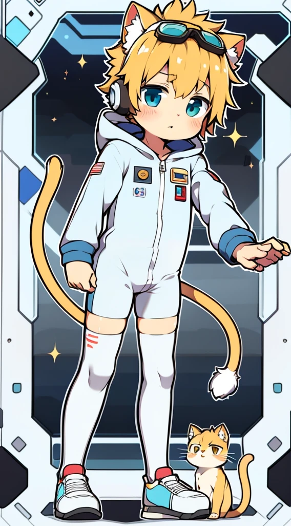 Furry, kemono, 2D boy Shota，Siamese spacesuit，Put the headphones on your head，standing，goggles，cat ears，sports shoes，white stockings, cat tail