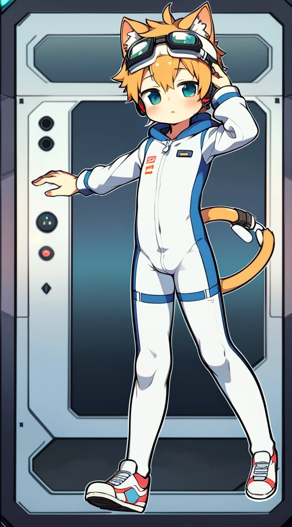 Furry, kemono, 2D boy Shota，Siamese spacesuit，Put the headphones on your head，standing，goggles，cat ears，sports shoes，white stockings, cat tail