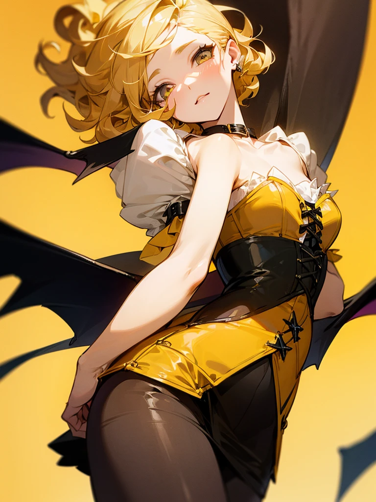 Bat wings Yellow corset dress Short blonde curly hair Relaxed