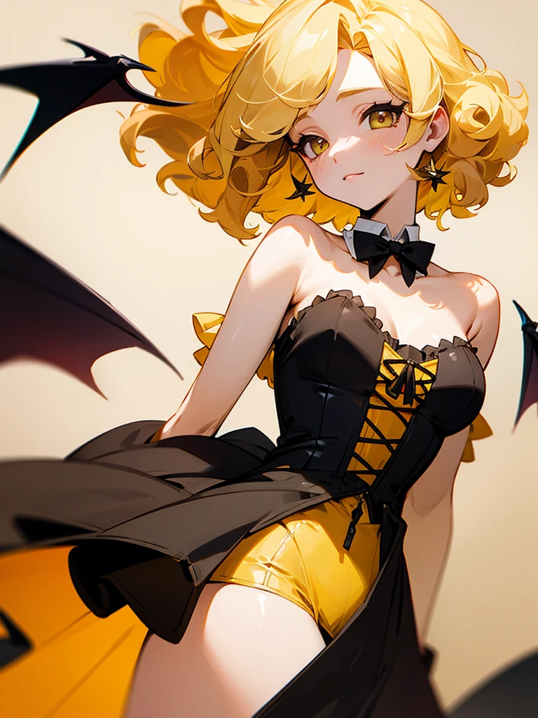 Bat wings Yellow corset dress Short blonde curly hair Relaxed