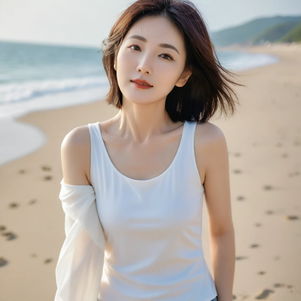 Full body photo of a beautiful 46-year-old Korean woman, Chest size 34 inches, Wear rolled-up sleeveless tops, light skirt, sunset on the beach，바다에 잔광이 비치네sunset on the beach 붉은 태양，A strong lingering scent is reflected in the sea., Beautiful 46-year-old short Korean woman, Short medium hair blowing in the wind,Full-body photo taken from afar with a wide-angle lens, The background is clean and perfect., waves moved by the wind, best high definition