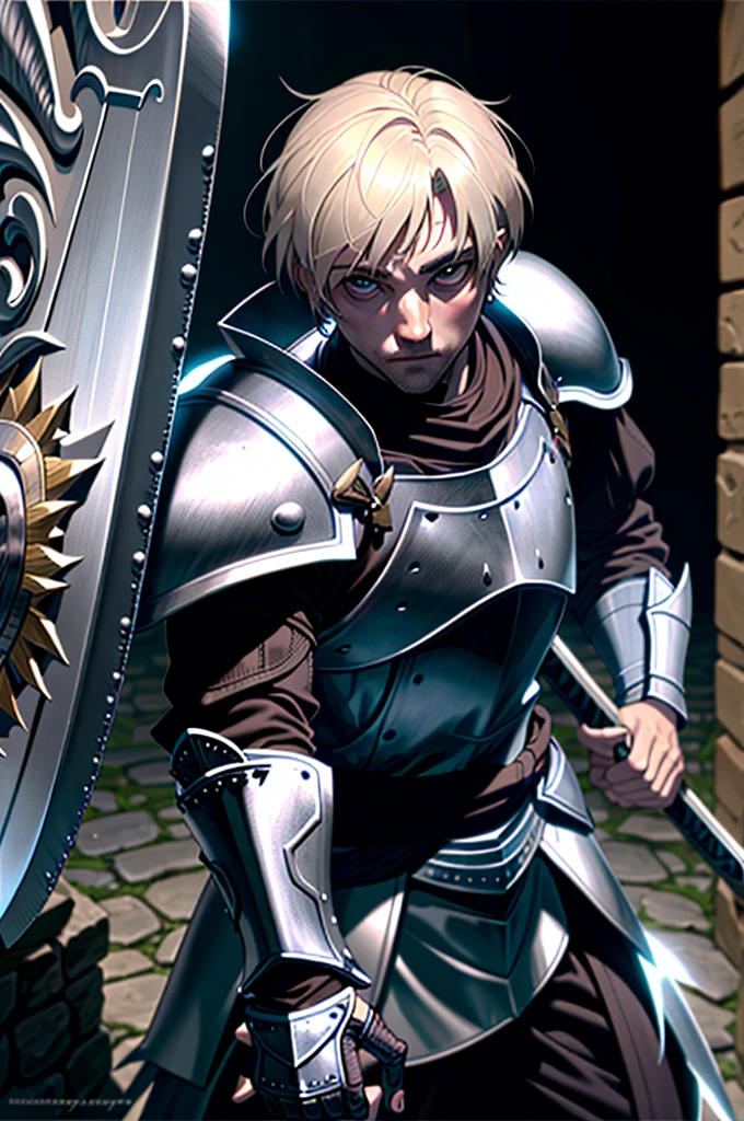 a man in armor holding a sword and a shield, pale black armor, knight of dark souls, evil knight, in monster hunter armor, with Robert Pattinson's face, similar to Marvel's Black Knight, very strong, Marvel Hero style, 8K, best qualityer, appearing full body in the image, running on the road.