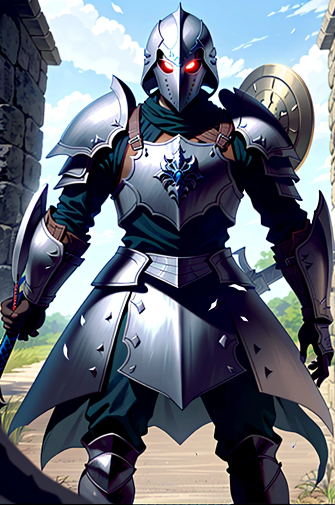 a man in armor holding a sword and a shield, pale black armor, knight of dark souls, evil knight, in monster hunter armor, with Robert Pattinson&#39;s face, similar to Marvel&#39;s Black Knight, very strong, Marvel Hero style, 8K, best qualityer, appearing full body in the image, running on the road.