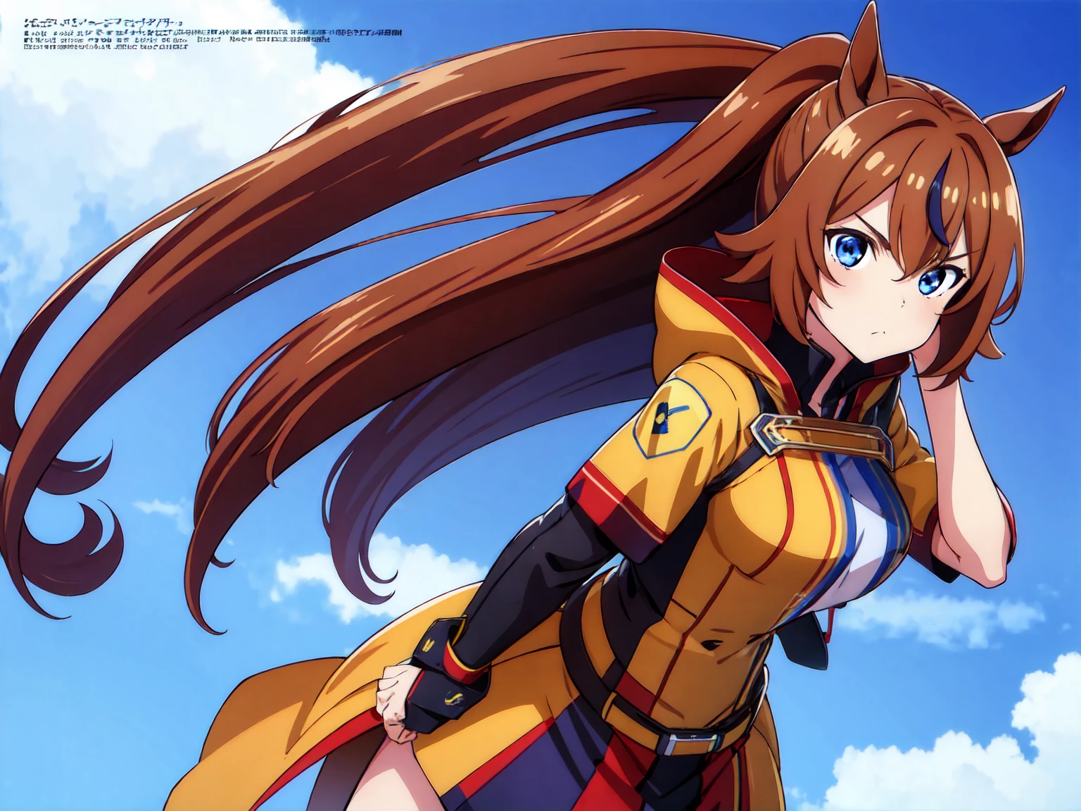 1girl,Tokai Teio, horse ears, brown hair, long hair, high ponytail, streaked hair, multicolored hair, blue eyes, big breast, mecha musume, mechanical wing, serious face,