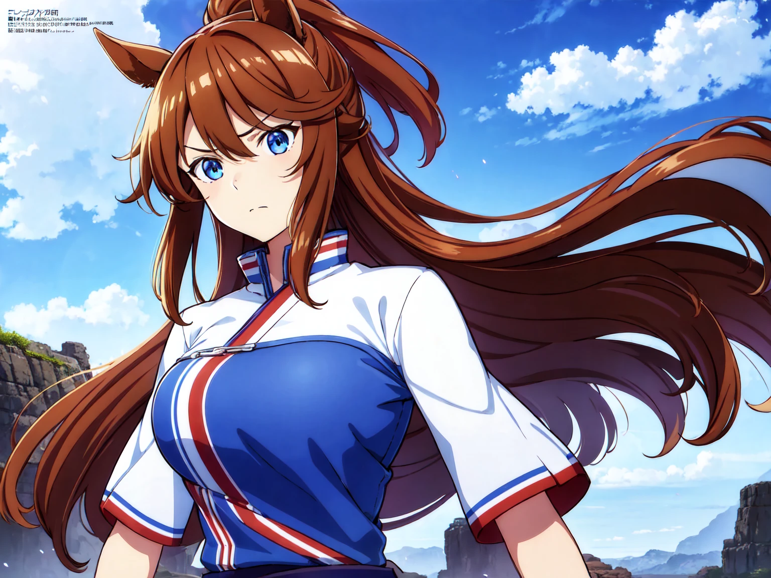 1girl,Tokai Teio, horse ears, brown hair, long hair, high ponytail, streaked hair, multicolored hair, blue eyes, big breast, mecha musume, mechanical wing, serious face,