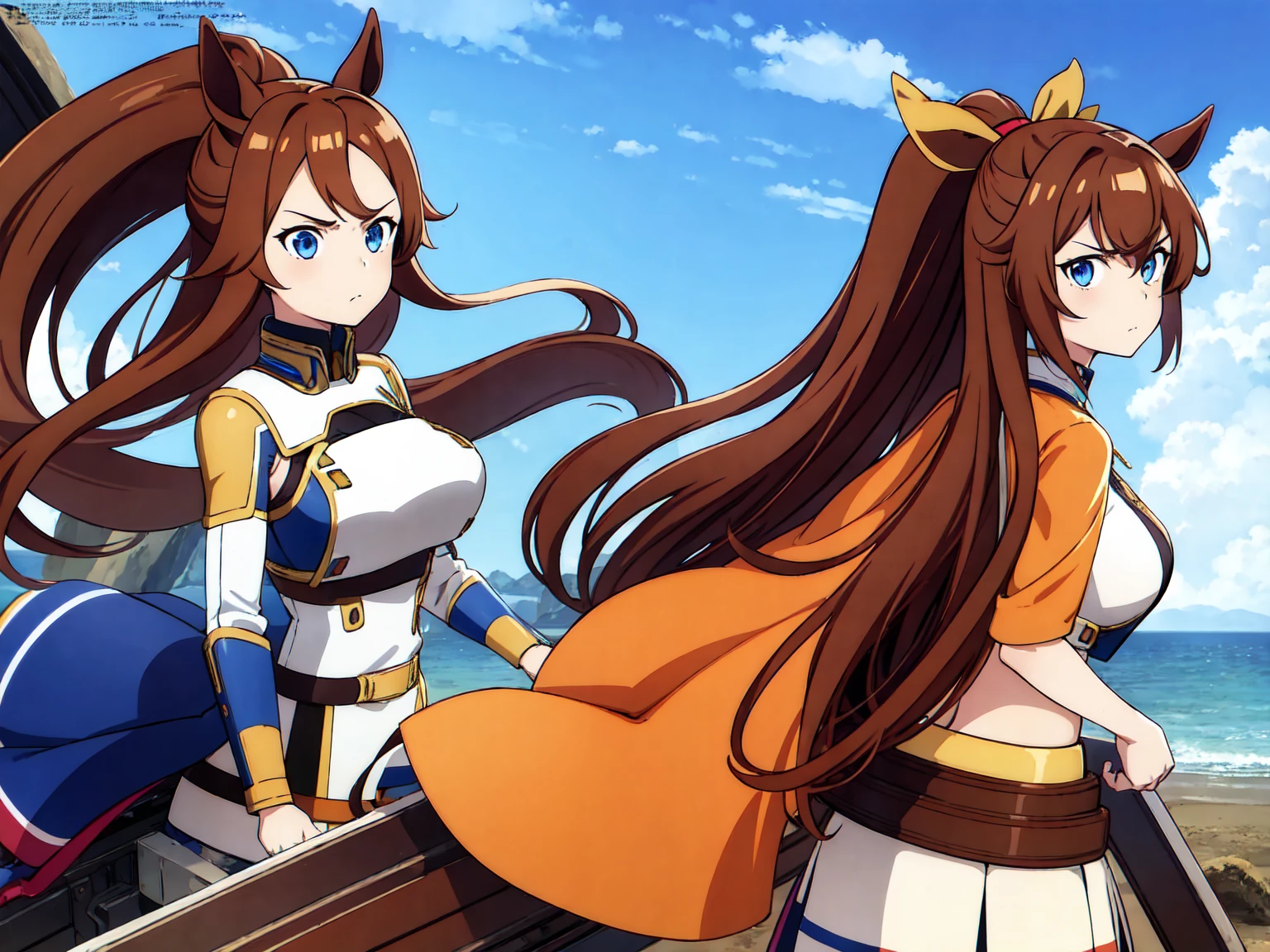 1girl,Tokai Teio, horse ears, brown hair, long hair, high ponytail, streaked hair, multicolored hair, blue eyes, big breast, mecha musume, mechanical wing, serious face,