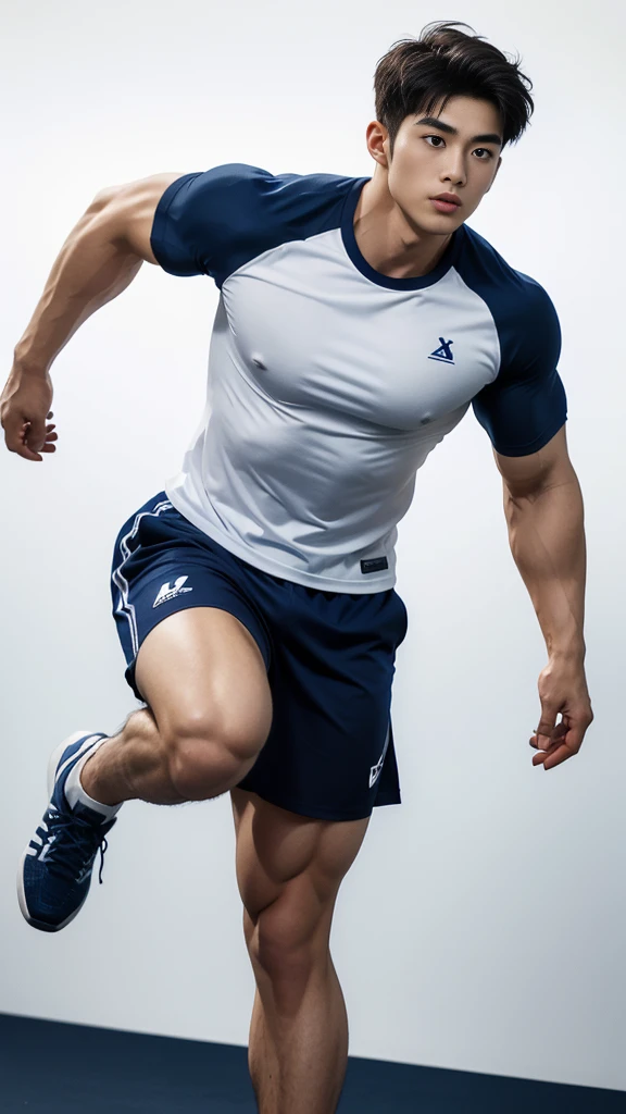 1 handsome Japanese guy，A 27-year-old man wearing a blue shirt and shorts stands against a white background, navy blue, navy blue, Sports T-shirt, blue, Sportswear, Magnificent dark blue clothes, Sportswear, short sleeves, Jinjinshen blue clothes, short young man, Tennis wear, Wearing a track suit, dark blue decorative clothing，Masculine，handsome，High，Muscles look good，hairy body，Wheat complexion，black eyes（thin eyes 1：3），Full body image