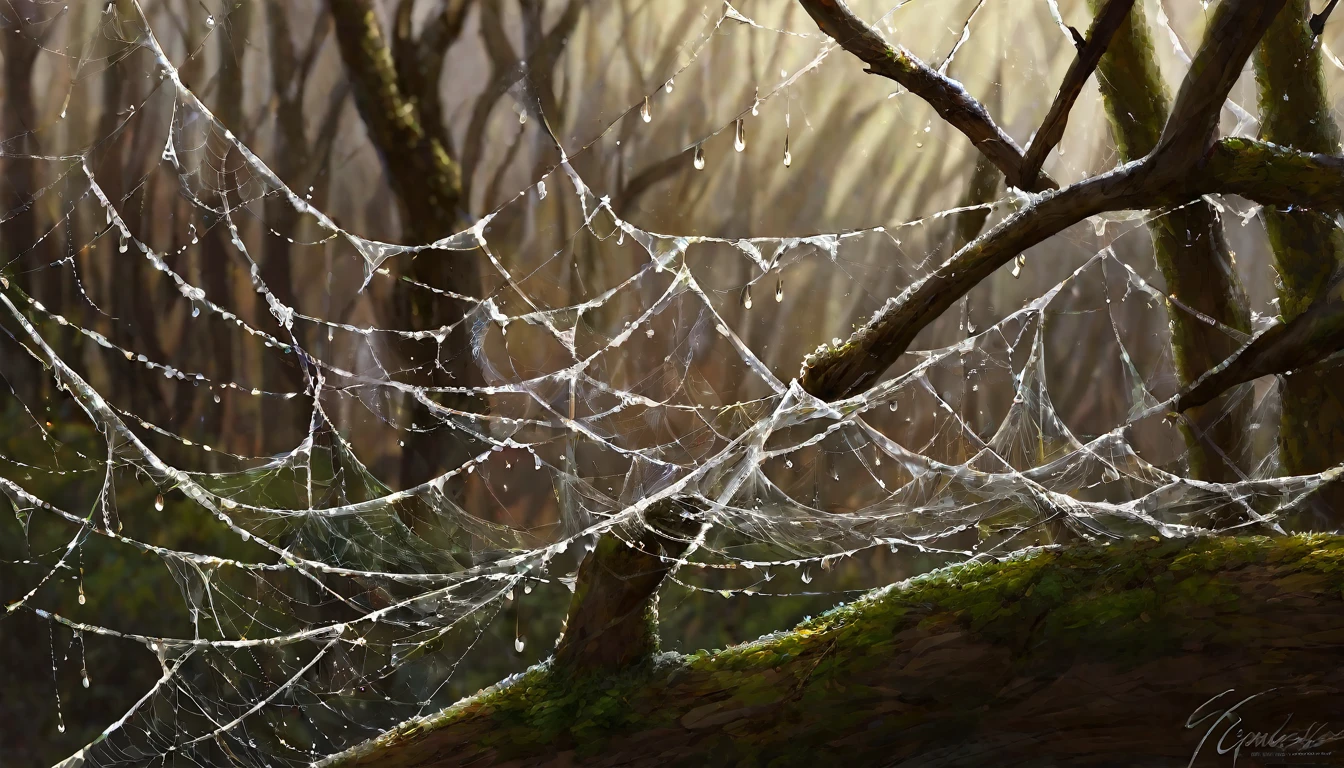 A spider web glistening with dew drops, intricately woven between the branches of a gnarled tree.