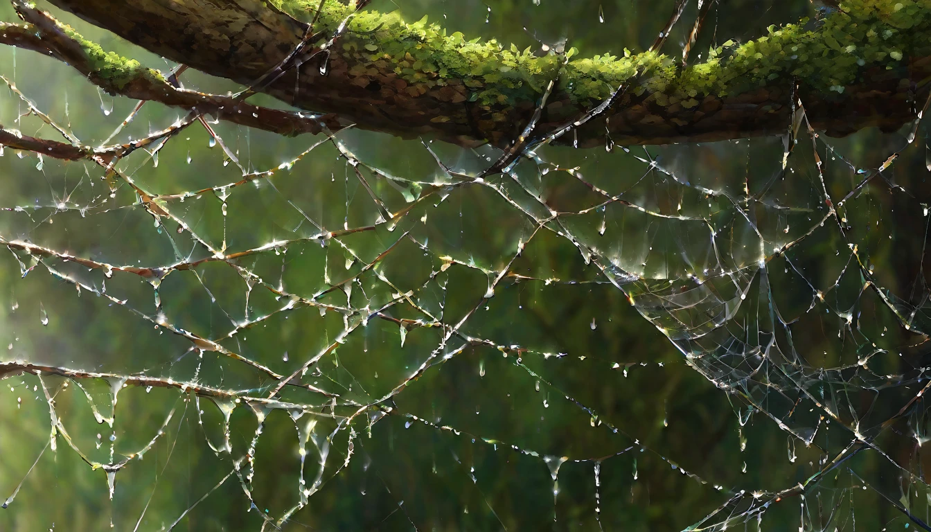 A spider web glistening with dew drops, intricately woven between the branches of a gnarled tree.