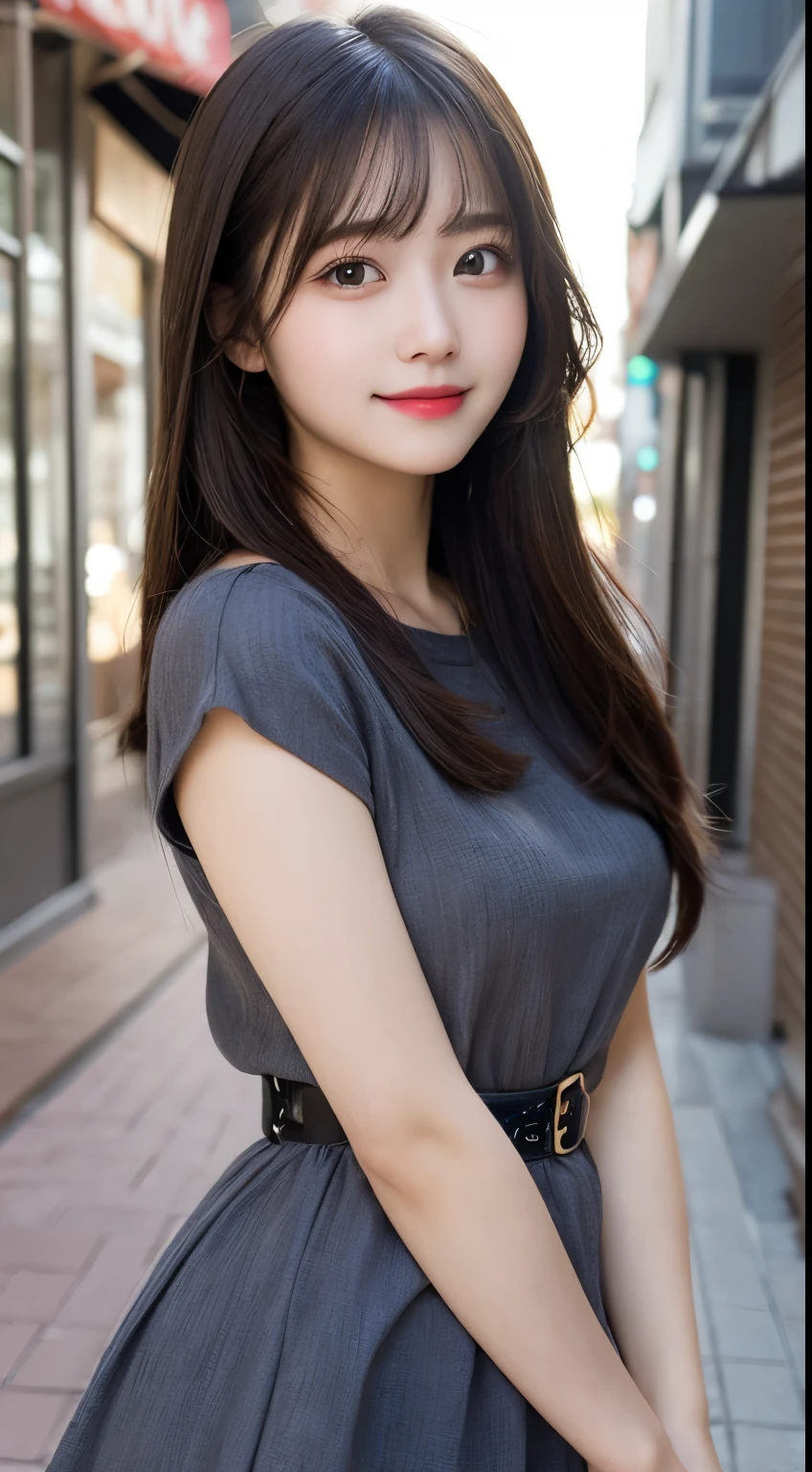 Tabletop, Highest quality, shape, Very detailed, finely, High resolution, 8k wallpaper, 完璧なダイナミックな構shape, Beautiful and exquisite, Straight hair, Small breasts, Natural color lip, Random sexy poses,smile,20-year-old girl、Midnight、Beautiful and dense face、Perfect and beautiful face,Big eyes、RAW Photos、Beautiful and exquisite、Small face、Beautiful Duplex、Slim face and figure,Beautiful golden ratio face、Cute girly casual dress(black)、Please make a cute face、Harajuku、Blurred Background