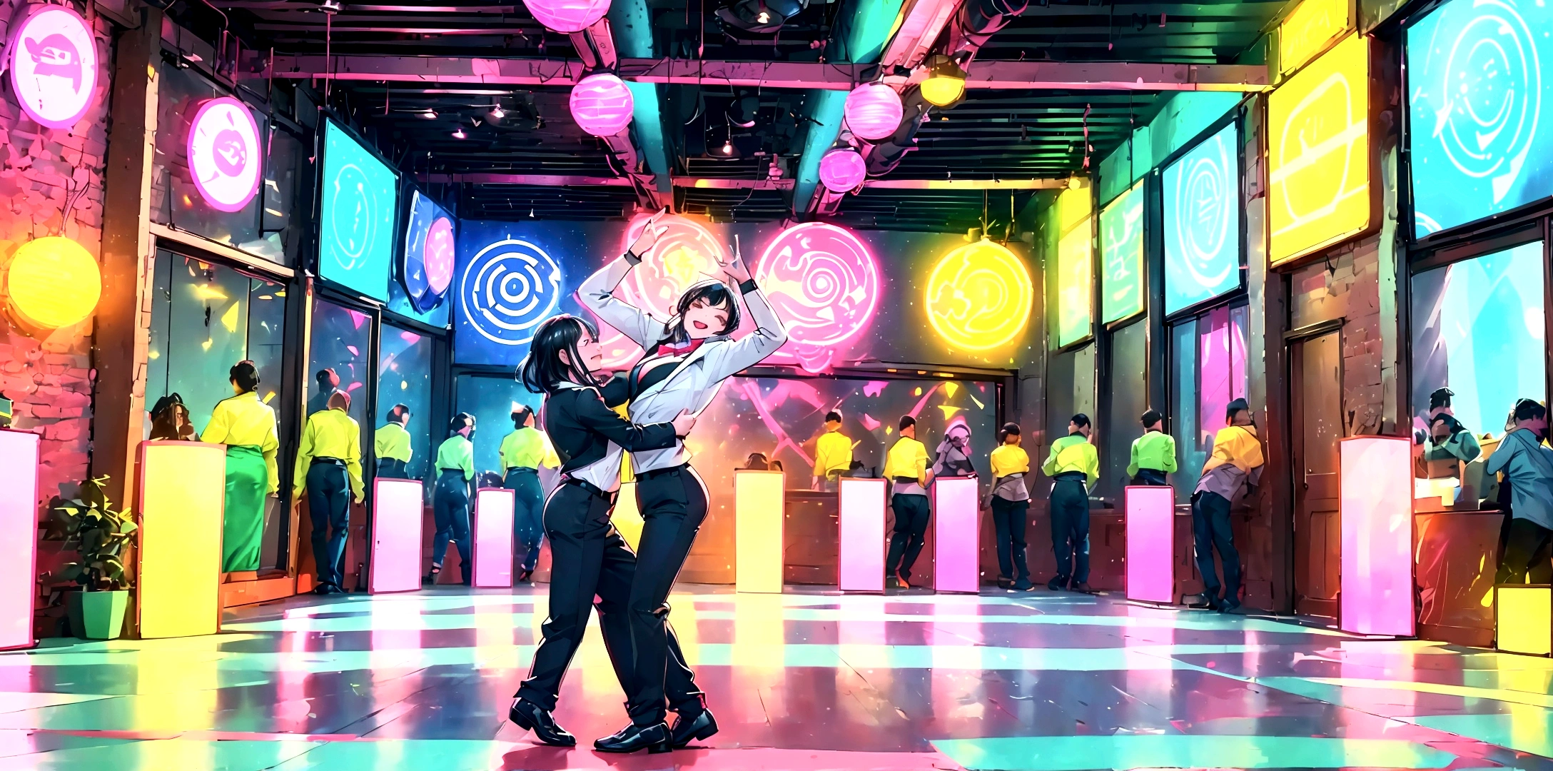 A lively and vibrant dance hall filled with people dancing joyfully under colorful lights. The atmosphere is electric, with neon lights and a disco ball casting dynamic patterns across the floor. People are dressed in stylish outfits, moving energetically to the music. The walls are adorned with bright, colorful decorations, and the overall mood is festive and exhilarating. The dance floor is packed, and the energy is palpable as everyone enjoys the night.