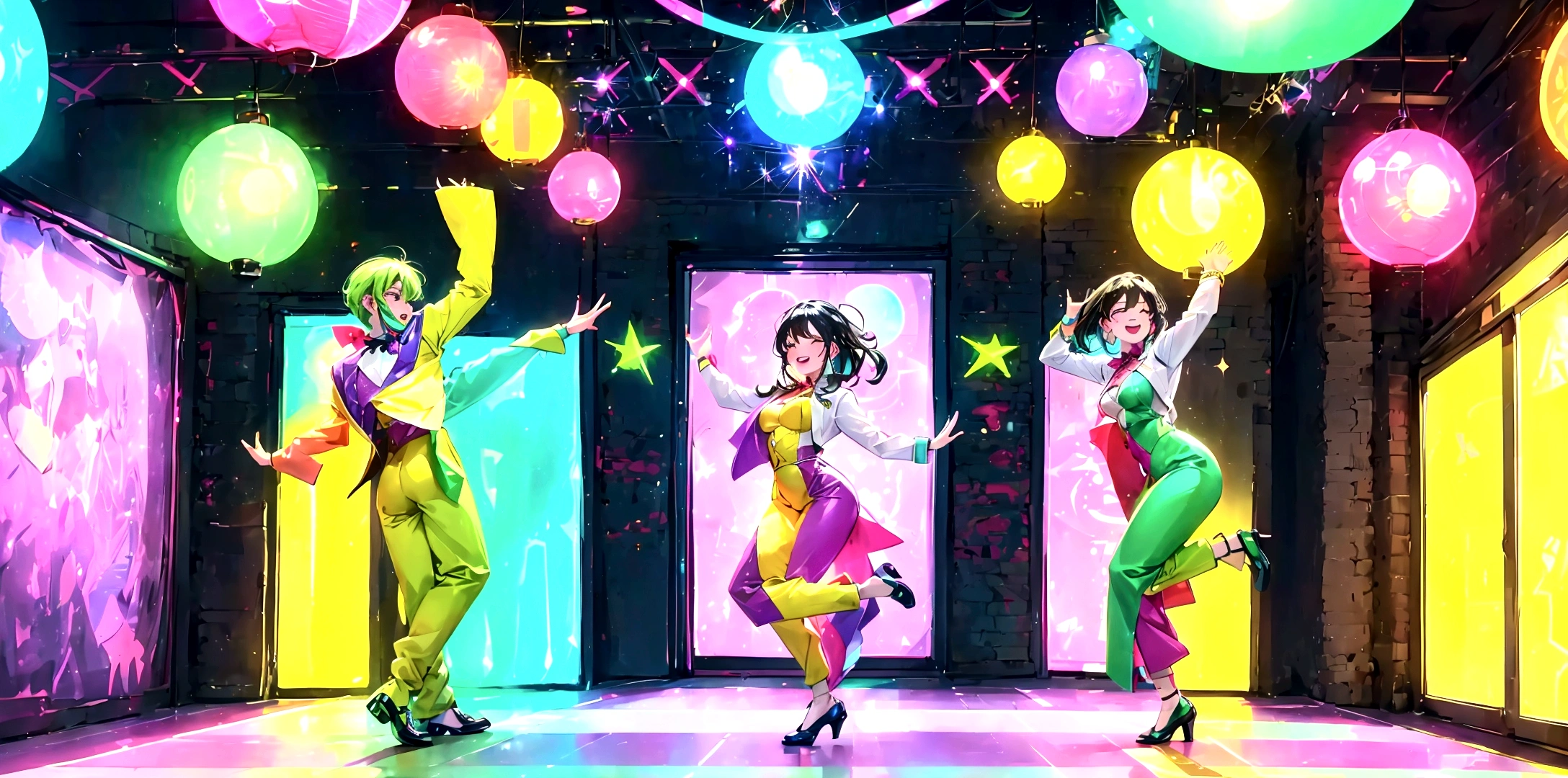 A lively and vibrant dance hall filled with people dancing joyfully under colorful lights. The atmosphere is electric, with neon lights and a disco ball casting dynamic patterns across the floor. People are dressed in stylish outfits, moving energetically to the music. The walls are adorned with bright, colorful decorations, and the overall mood is festive and exhilarating. The dance floor is packed, and the energy is palpable as everyone enjoys the night.