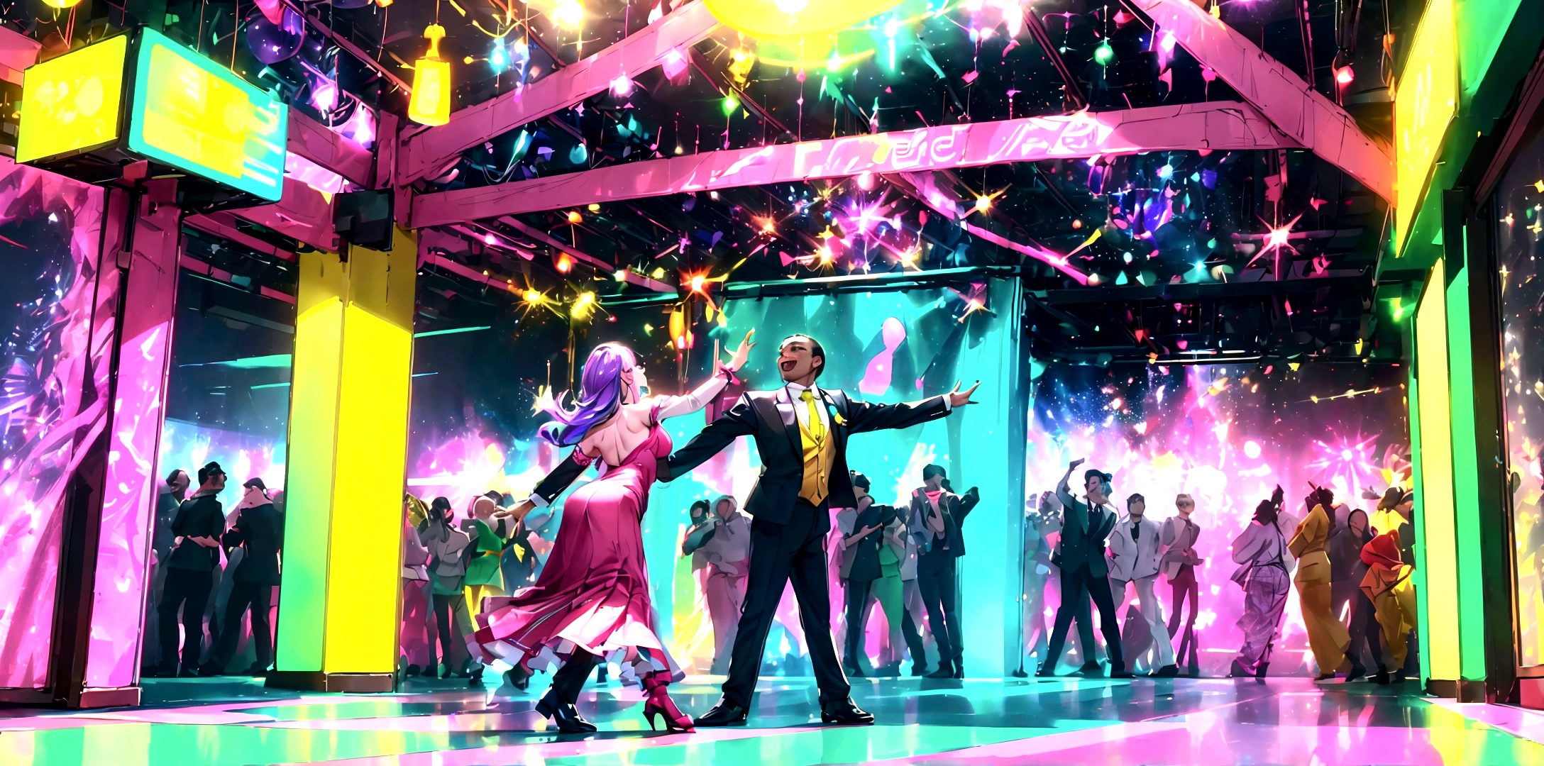 A lively and vibrant dance hall filled with people dancing joyfully under colorful lights. The atmosphere is electric, with neon lights and a disco ball casting dynamic patterns across the floor. People are dressed in stylish outfits, moving energetically to the music. The walls are adorned with bright, colorful decorations, and the overall mood is festive and exhilarating. The dance floor is packed, and the energy is palpable as everyone enjoys the night.
