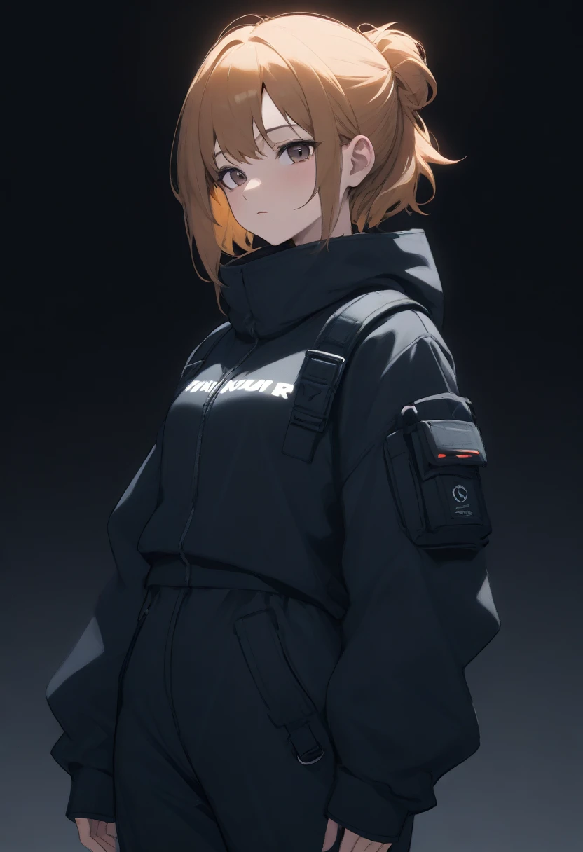 Techwear, girl, close up, dark background ,solarpunk , awesome costume , vavor costume, randome pose