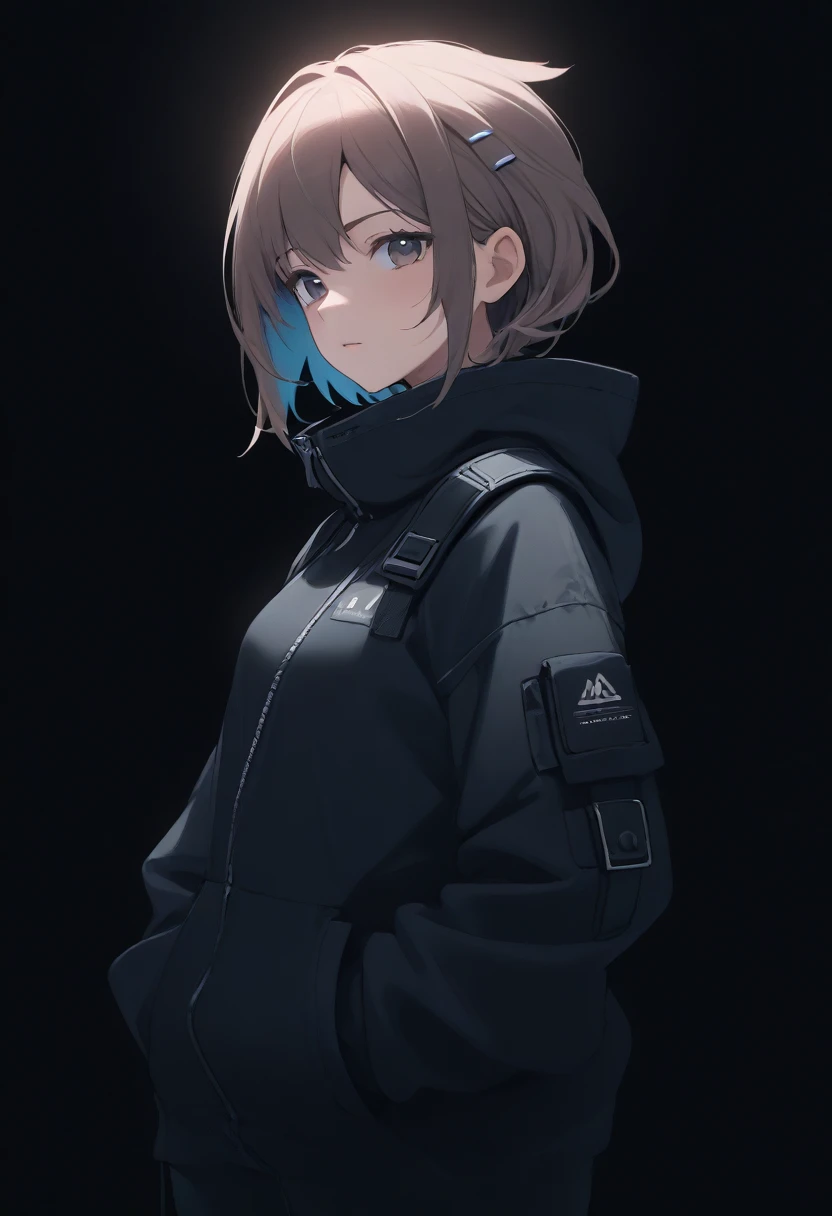 Techwear, girl, close up, dark background ,solarpunk , awesome costume , vavor costume, randome pose