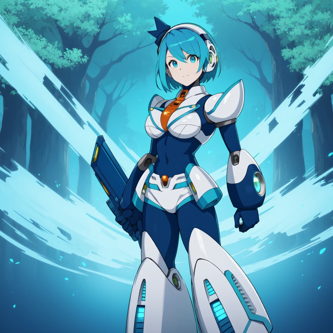 rico_megamanxdive, 1girl, solo, blue eyes, short hair, blue hair, android, high quality, masterpiece, standing with green flames coming from a tree