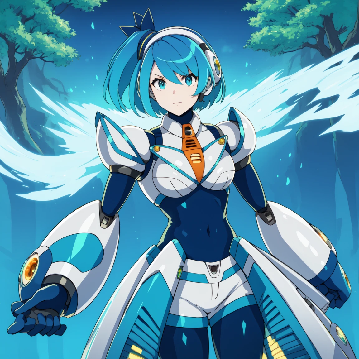 rico_megamanxdive, 1girl, solo, blue eyes, short hair, blue hair, android, high quality, masterpiece, standing with green flames coming from a tree