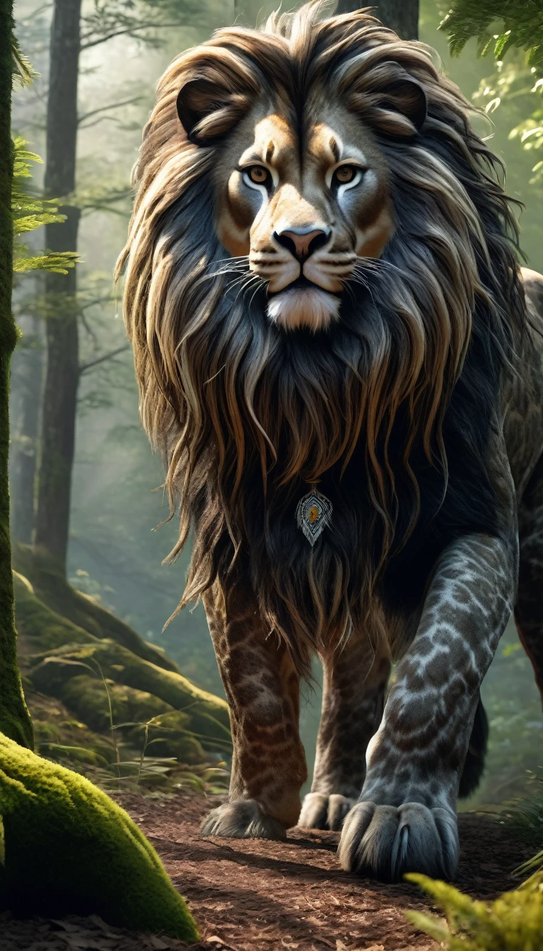 There is a wild man in the forest，The whole body is covered with mane（best quality，4K，8K，High level，masterpiece：1.2），Ultra Detailed，（lifelike，Photo real，Photo real：1.37），highly detailed creature，Complex patterns，Realistic lighting，Fantasy Creatures